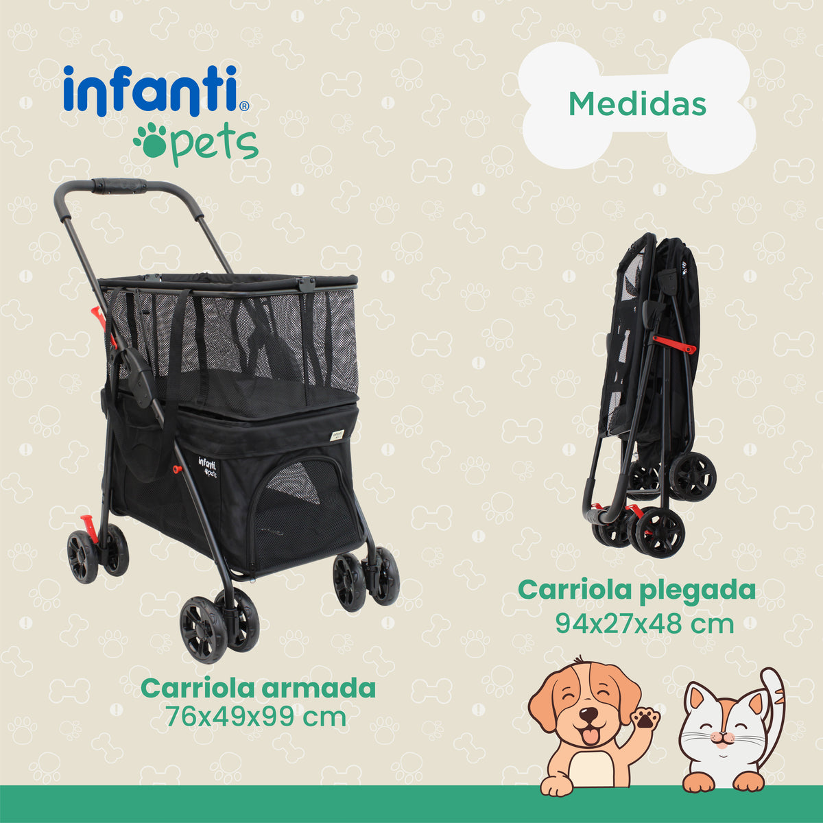 Carriola Transportadora 2 En 1 Para Mascotas Con Ventilación