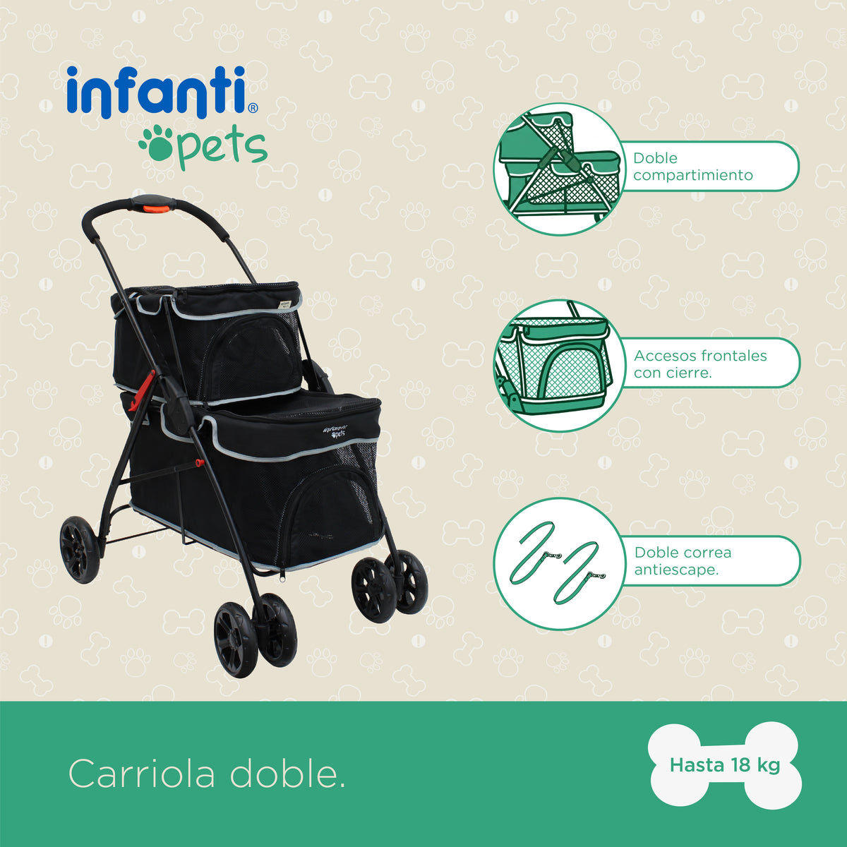 Carriola Transportadora Doble Para Mascotas Con Ventilación