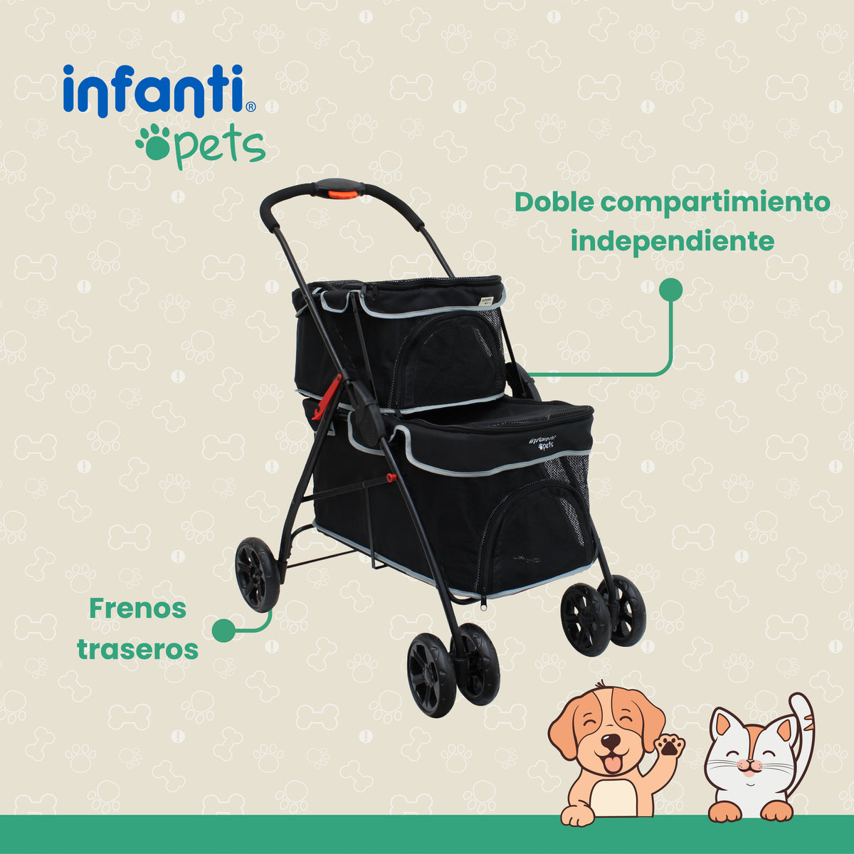 Carriola Transportadora Doble Para Mascotas Con Ventilación