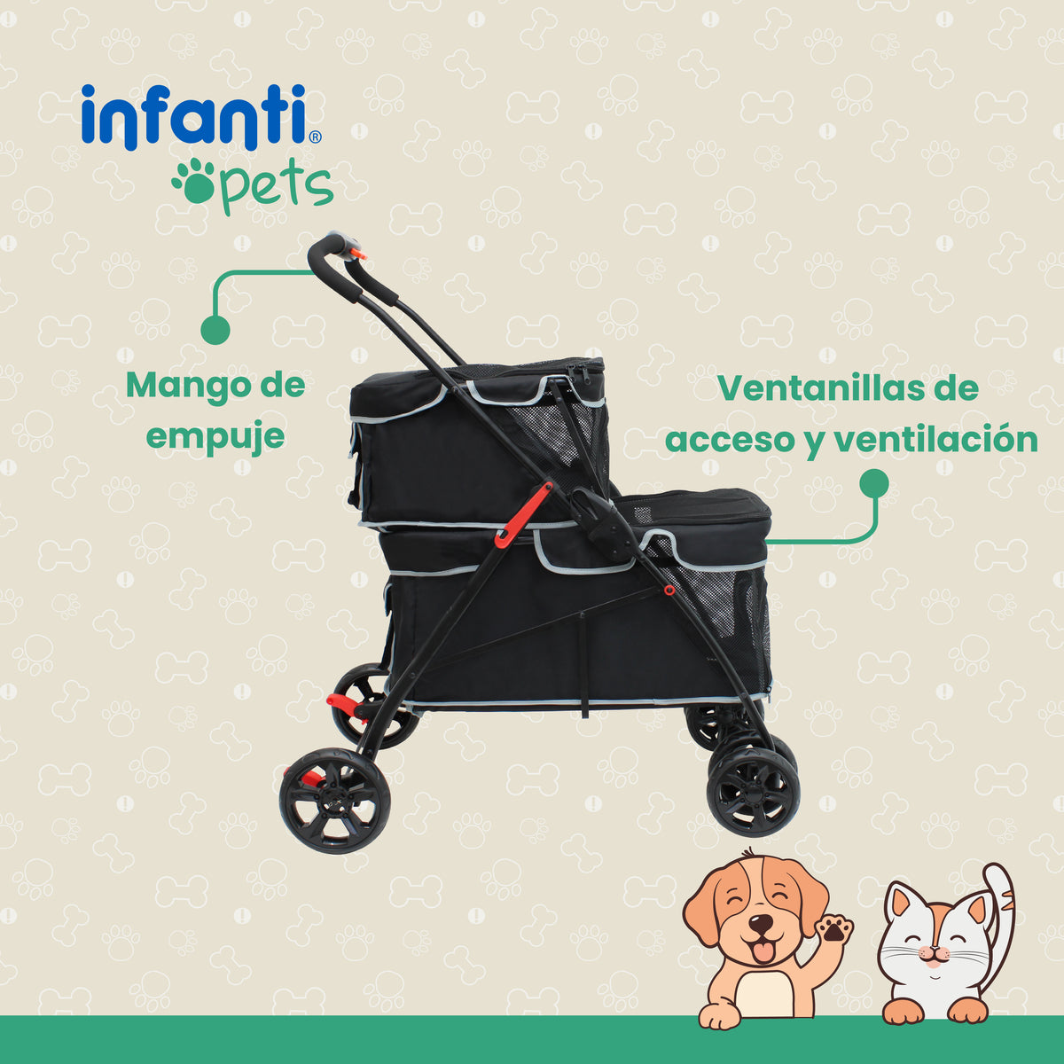 Carriola Transportadora Doble Para Mascotas Con Ventilación